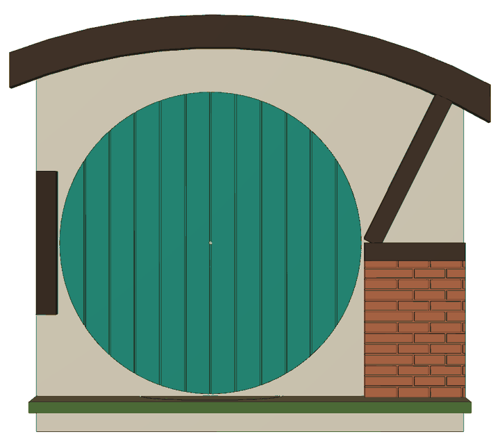 Front view of the Round-Door Cottage face: a round green plank door set in a cream wall, under a curved timber roof beam, with a brick corner and a mossy sill.